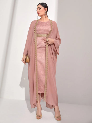 Najma Floral Jacquard Contrast Tape Batwing Sleeve Coat & Dress