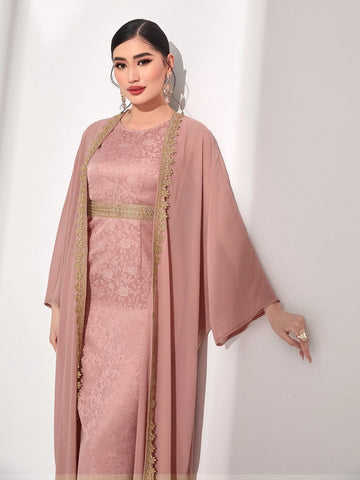 Najma Floral Jacquard Contrast Tape Batwing Sleeve Coat & Dress