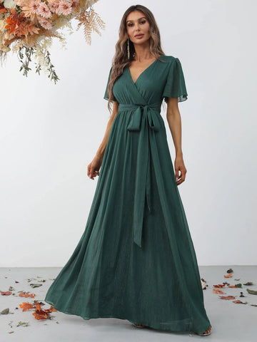 Surplice Neck Belted Maxi Dress
