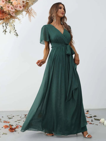 Surplice Neck Belted Maxi Dress