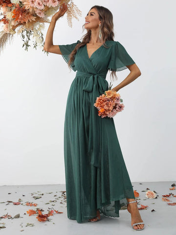 Surplice Neck Belted Maxi Dress