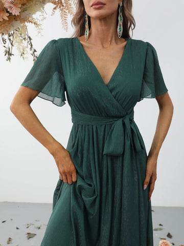 Surplice Neck Belted Maxi Dress