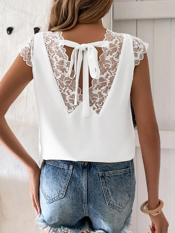 EMERY ROSE Contrast Lace Tie Back Blouse