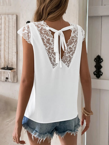 EMERY ROSE Contrast Lace Tie Back Blouse