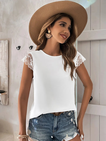 EMERY ROSE Contrast Lace Tie Back Blouse