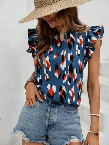 EMERY ROSE Allover Print Ruffle Trim Blouse