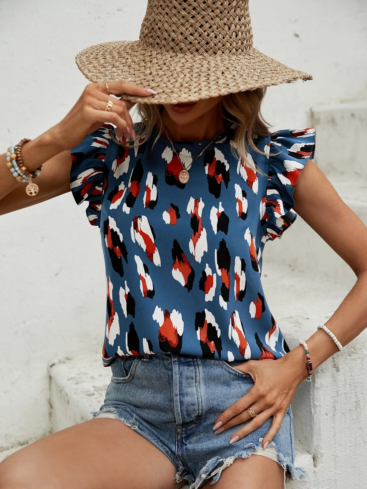 EMERY ROSE Allover Print Ruffle Trim Blouse