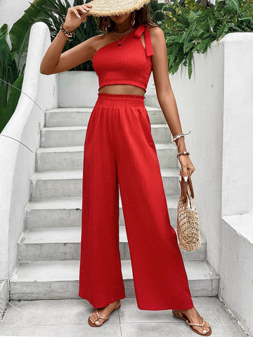 Solid Shirred Detail One Shoulder Top & Wide Leg Pants