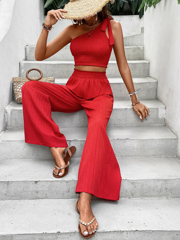 Solid Shirred Detail One Shoulder Top & Wide Leg Pants