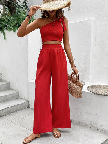 Solid Shirred Detail One Shoulder Top & Wide Leg Pants
