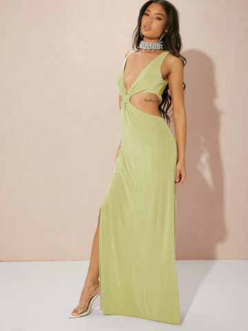 Cut Out Waist Split Thigh Halter Dress