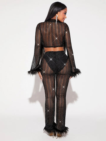 SXY Fuzzy Trim Crop Glitter Top & Pants