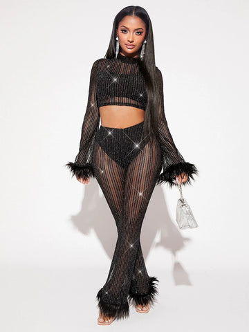 SXY Fuzzy Trim Crop Glitter Top & Pants