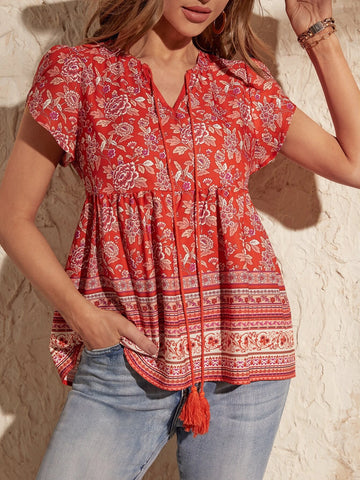 EMERY ROSE Floral Print Notched Neck Petal Sleeve Peplum Blouse