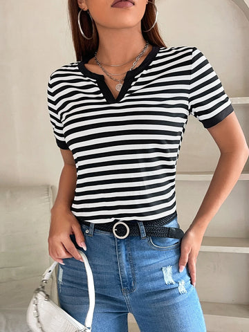 Striped Notched Neck Tee