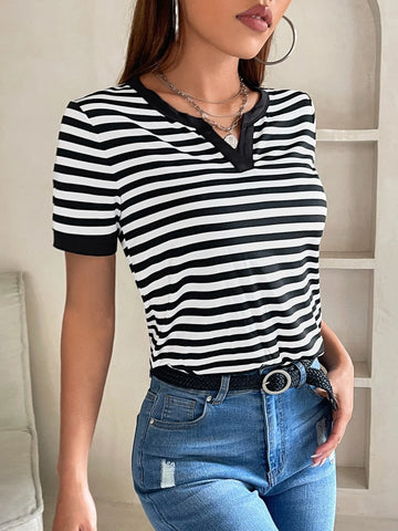 Striped Notched Neck Tee