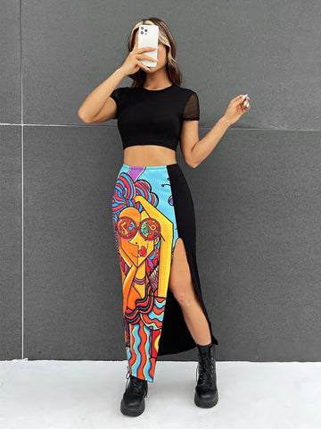 Solid Crop Tee & Graphic Print Split Thigh Skirt