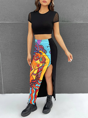 Solid Crop Tee & Graphic Print Split Thigh Skirt