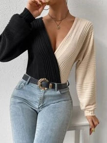 Two Tone Surplice Neck Bodysuit