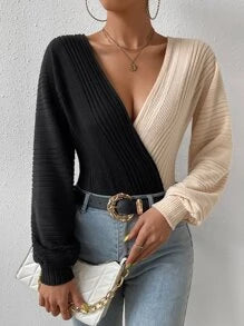 Two Tone Surplice Neck Bodysuit