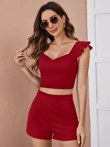 Ruffle Trim Solid Crop Top And Shorts Set