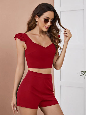 Ruffle Trim Solid Crop Top And Shorts Set