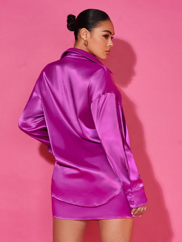 BAE Drop Shoulder Satin Shirt & Bodycon Skirt