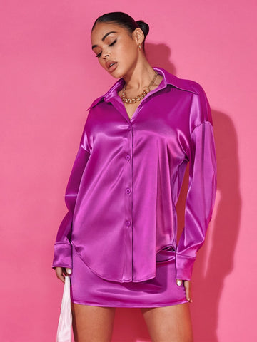 BAE Drop Shoulder Satin Shirt & Bodycon Skirt