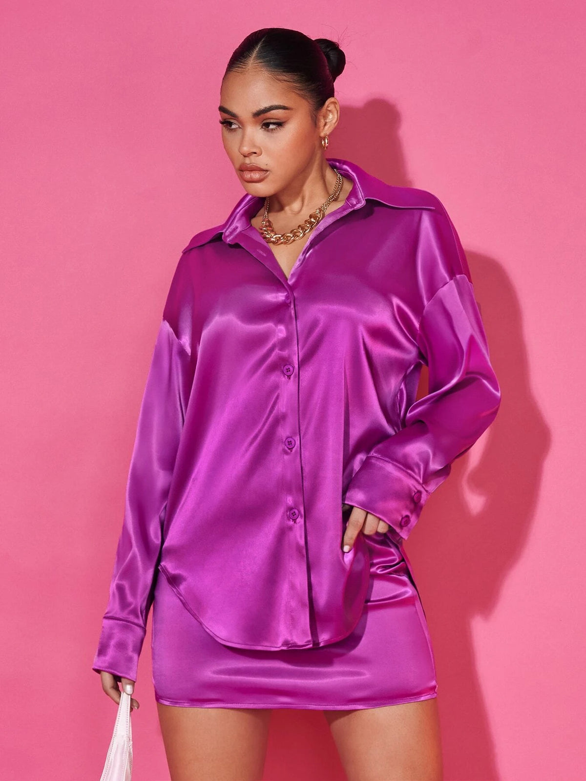 BAE Drop Shoulder Satin Shirt & Bodycon Skirt