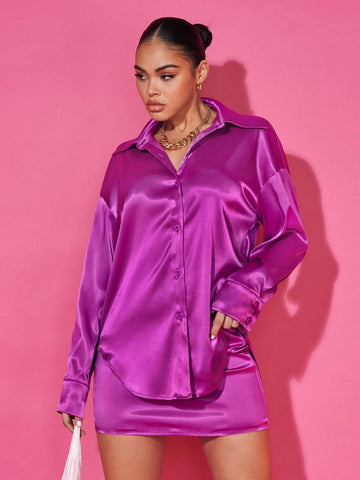 BAE Drop Shoulder Satin Shirt & Bodycon Skirt