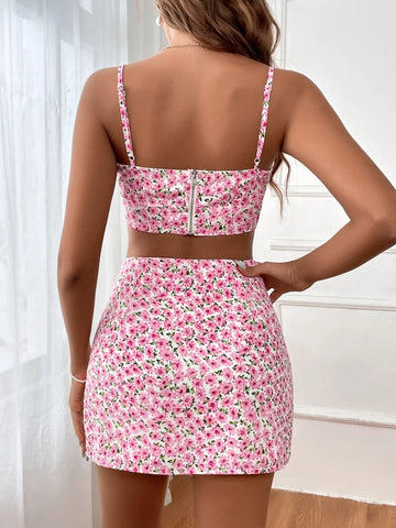 VCAY Ditsy Floral Tie Front Cami Top & Split Hem Skirt