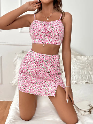 VCAY Ditsy Floral Tie Front Cami Top & Split Hem Skirt