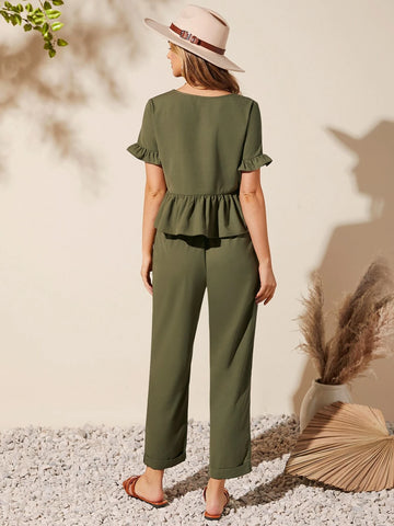 EMERY ROSE Solid Ruffle Hem Top & Pants Set