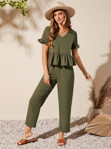 EMERY ROSE Solid Ruffle Hem Top & Pants Set