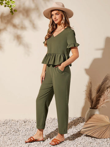 EMERY ROSE Solid Ruffle Hem Top & Pants Set