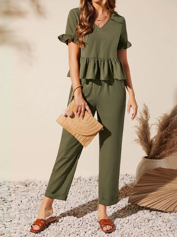 EMERY ROSE Solid Ruffle Hem Top & Pants Set