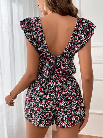 VCAY Ditsy Floral Print Ruffle Trim Crop Top & Shorts