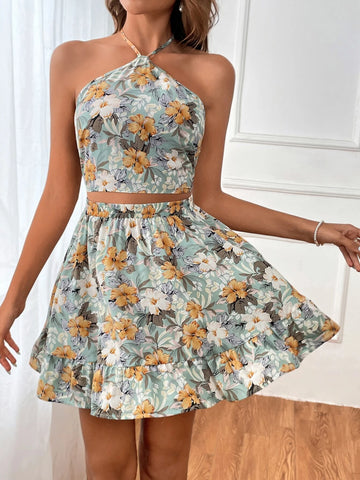 VCAY Floral Print Tie Backless Halter Top & Skirt