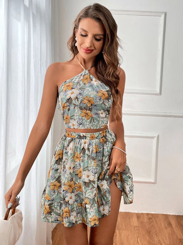 VCAY Floral Print Tie Backless Halter Top & Skirt