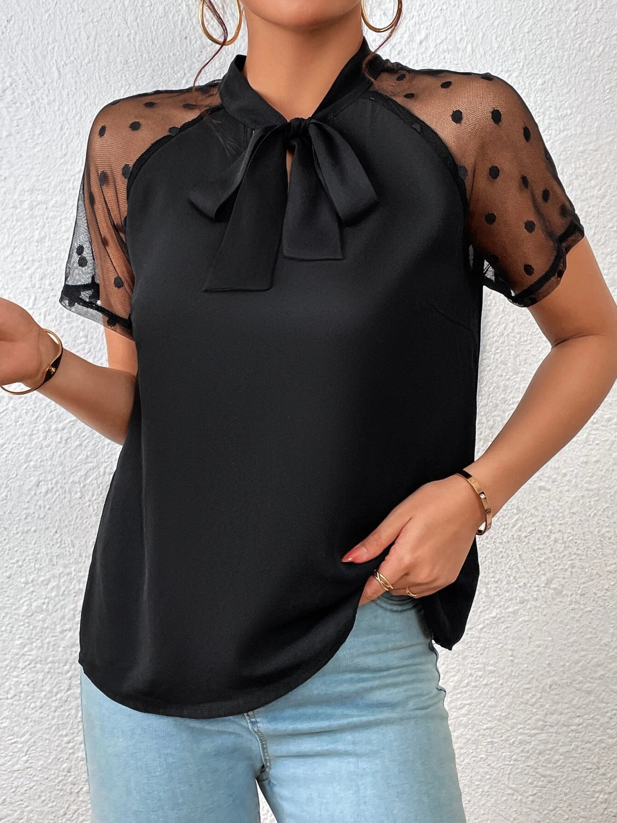 Contrast Dobby Mesh Tie Neck Blouse