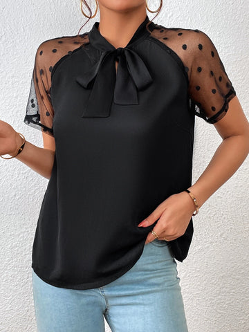 Contrast Dobby Mesh Tie Neck Blouse