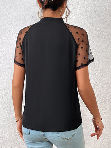 Contrast Dobby Mesh Tie Neck Blouse