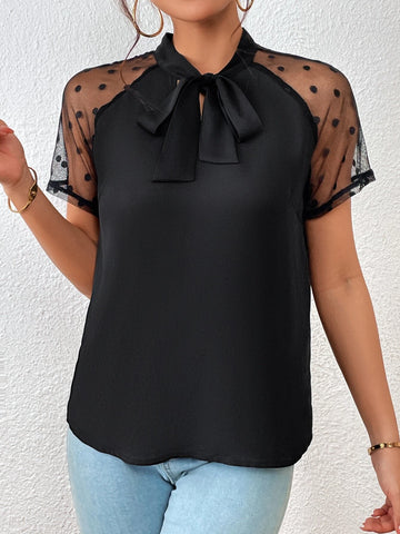 Contrast Dobby Mesh Tie Neck Blouse