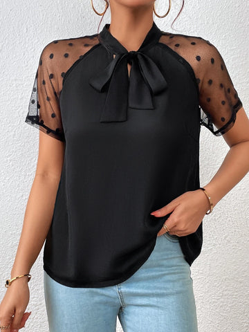 Contrast Dobby Mesh Tie Neck Blouse
