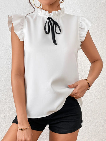 Unity Frill Mock Neck Knot Front Ruffle Armhole Blouse