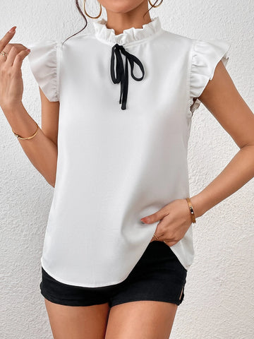 Unity Frill Mock Neck Knot Front Ruffle Armhole Blouse