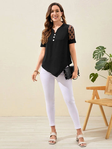 EMERY ROSE Dobby Mesh Panel Notched Neck Blouse