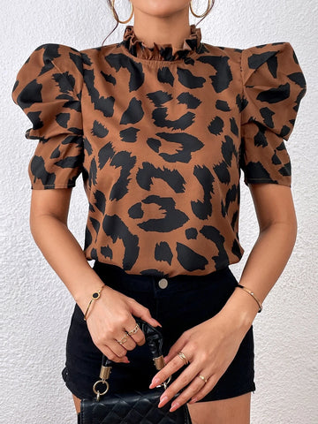 Puff Sleeve Frilled Neck Leopard Blouse