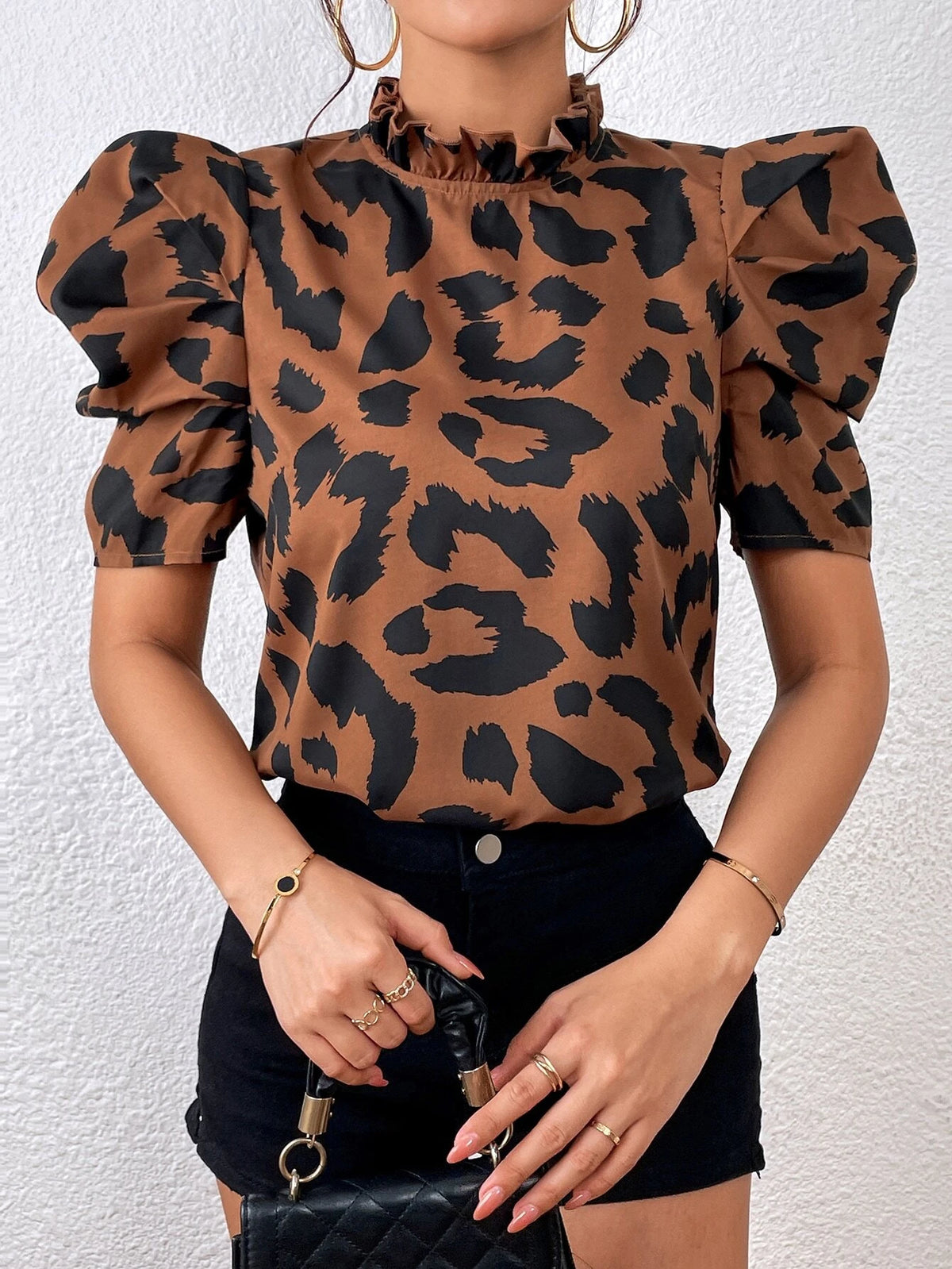 Puff Sleeve Frilled Neck Leopard Blouse
