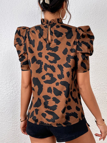 Puff Sleeve Frilled Neck Leopard Blouse